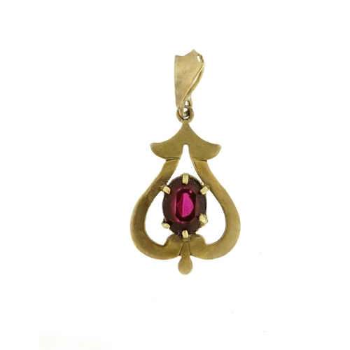 2817 - Art Nouveau style 9ct gold garnet pendant, 3cm long, 1.2g
