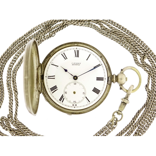 2692 - Gentleman's silver J Godat full hunter pocket watch on a silver coloured metal longuard chain, 113.4... 