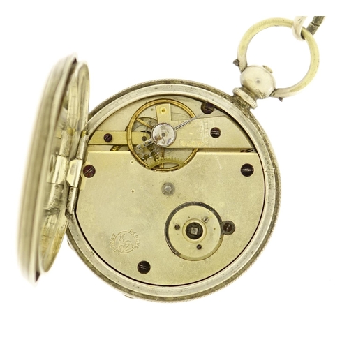 2692 - Gentleman's silver J Godat full hunter pocket watch on a silver coloured metal longuard chain, 113.4... 
