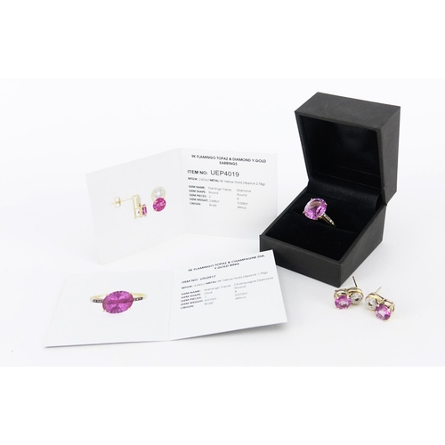 2762 - 9ct gold flamingo topaz and diamond ring and earrings, with certificates, the ring size M, 6.0g