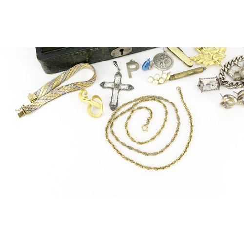 2674 - Antique and later jewellery including a large cameo mourning brooch, silver charm bracelet and earri... 