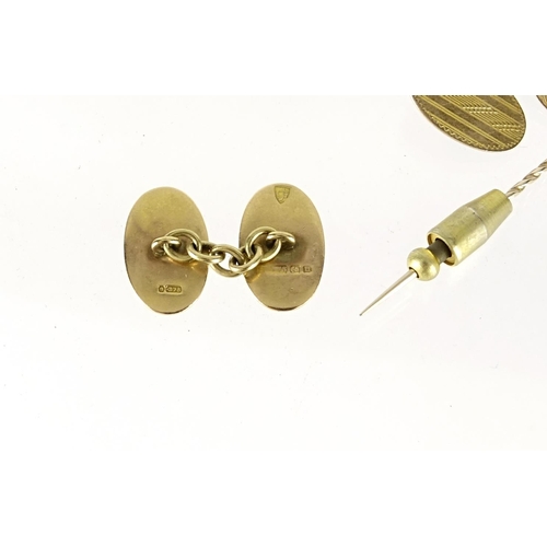 2944 - Cufflinks, studs and a diamond stick pin including 9ct gold 10.5g and 18ct gold 1.3g