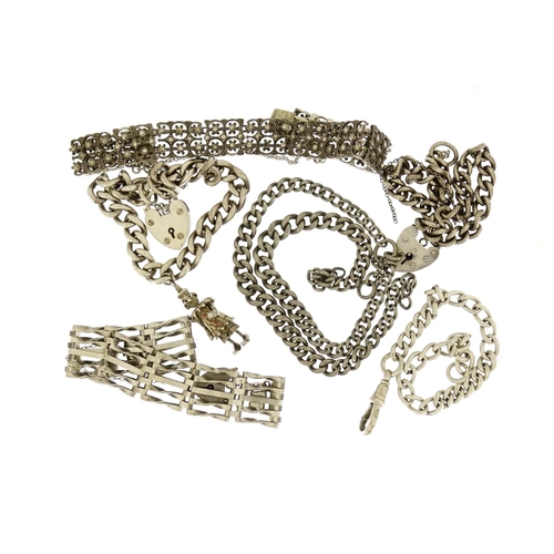 2908 - Five silver bracelets and a watch chain including marcasite, 140.4g