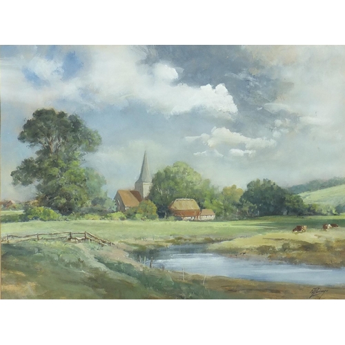 2179 - Norman Dinnage - Alfriston Church, gouache, label verso, mounted and framed, 44.5cm x 33.5cm