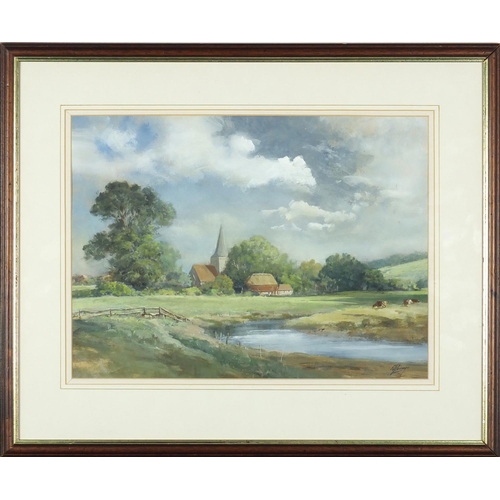 2179 - Norman Dinnage - Alfriston Church, gouache, label verso, mounted and framed, 44.5cm x 33.5cm