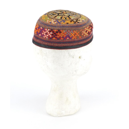 556 - Turkmen embroidered ceremonial hat, 7.5cm high