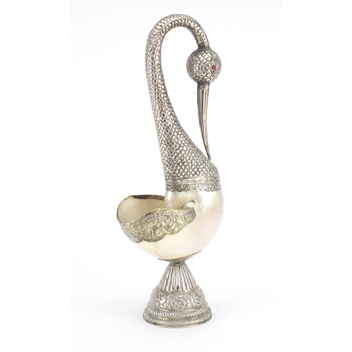 516 - Indian Goa silver coloured metal and mother of pearl swan vase, 48cm high