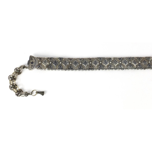 511 - Good 19th century Ottoman silver and niello work wedding belt, impressed marks to the reverse, 76cm ... 