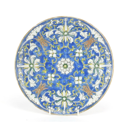 404 - Chinese porcelain plate, hand painted with bats and flowers onto a blue ground, 25cm in diameter