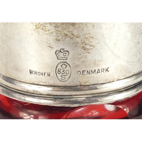 663 - Bohemian red flashed cut glass decanter, etched with berries having a Danish 830S silver collar, 32.... 