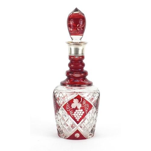 663 - Bohemian red flashed cut glass decanter, etched with berries having a Danish 830S silver collar, 32.... 