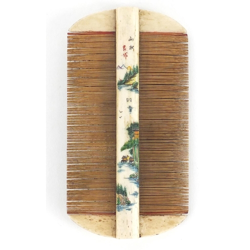 481 - Chinese part stained bone and bamboo comb carved with a landscape and calligraphy, 10.5cm wide