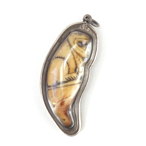 108 - Ivory tooth carved with a mythical animal, encased in a silver coloured metal pendant mount, overall... 