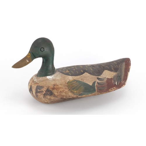 120 - Antique hand painted carved wood duck decoy, 37cm in length