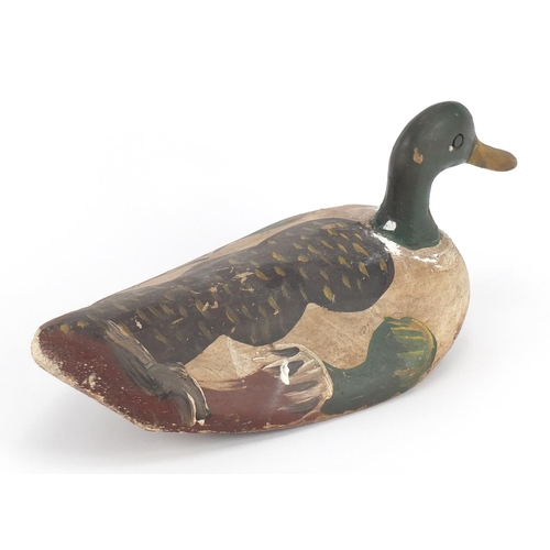 120 - Antique hand painted carved wood duck decoy, 37cm in length