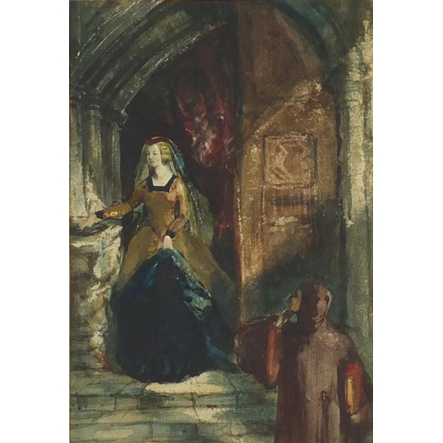 1047 - Samuel Skillin - Lady in the chapel, watercolour, inscribed to the mount, labels verso, mounted and ... 