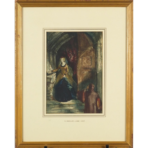 1047 - Samuel Skillin - Lady in the chapel, watercolour, inscribed to the mount, labels verso, mounted and ... 