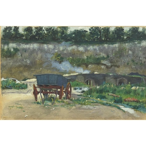1063 - Cart at an entrance to a mine, South African school watercolour, label verso, mounted and framed, 24... 