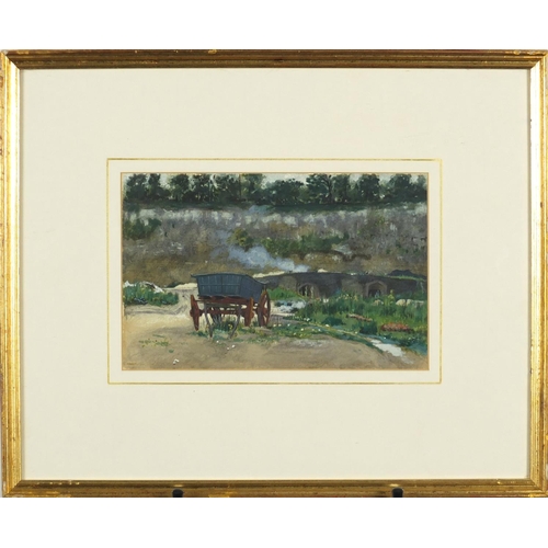 1063 - Cart at an entrance to a mine, South African school watercolour, label verso, mounted and framed, 24... 