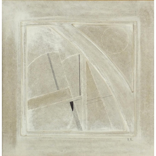 1041 - Manner of Ben Nicholson - Abstract composition, mixed media and collage, framed, 44cm x 44cm