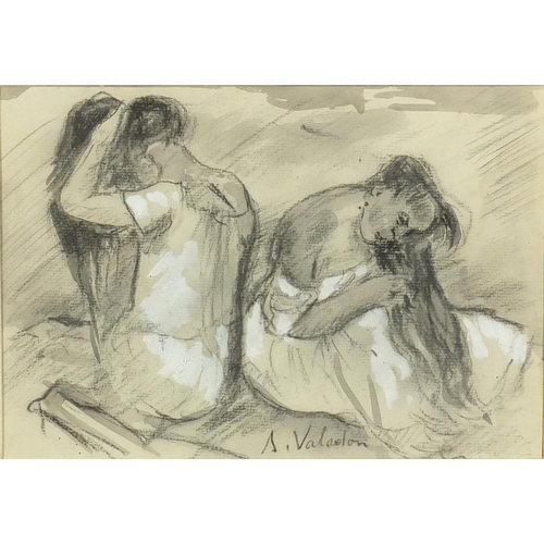 1059 - Two females playing with their hair, mixed media on paper, bearing an indistinct signature possibly ... 