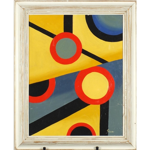 1292 - Abstract composition, geometric shapes, American school oil on board, bearing a signature Shaw, fram... 