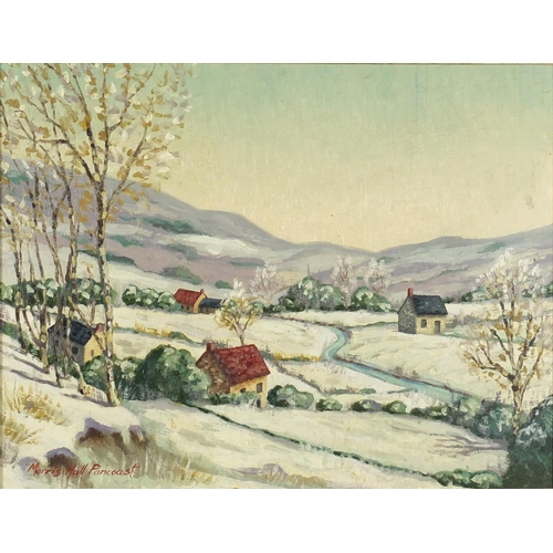 1029 - Attributed to Morris Hall Pancoast - Snowy landscape, oil on board, mounted and framed, 44cm x 34cm