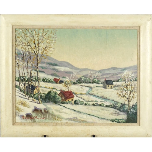 1029 - Attributed to Morris Hall Pancoast - Snowy landscape, oil on board, mounted and framed, 44cm x 34cm
