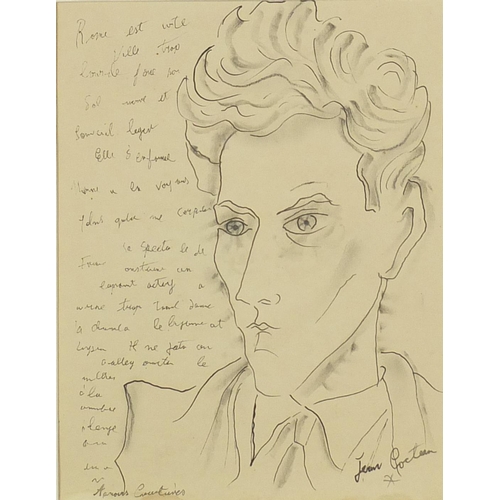 1016 - After Jean Cocteau - Self portrait with inscriptions, pencil and ink, mounted and framed, 29cm x 22.... 