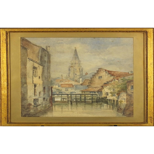 1265 - Old Brussels, 19th century watercolour, bearing a monogram ND, mounted and framed, 42.5cm x 27.5cm