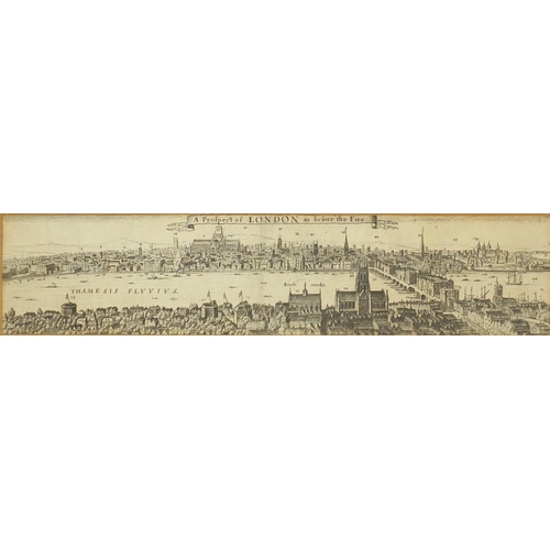 213 - A Prospect of London as Before the Fire, antique black and white etching, mounted and framed, 30.5cm... 