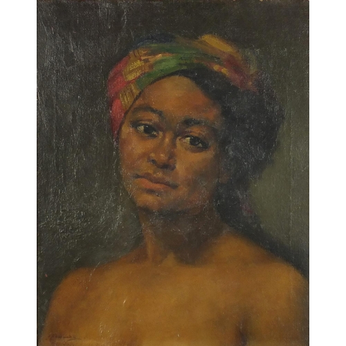 1058 - Head and shoulders portrait of a native girl, mid 20th century oil on canvas, bearing an indistinct ... 