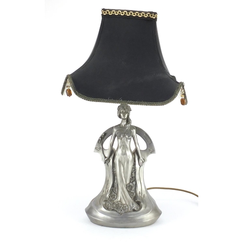 2109 - Art Nouveau style table lamp in the form of a  semi nude female with shade, 58cm high