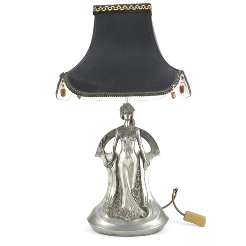2108 - Art Nouveau style table lamp in the form of a  semi nude female with shade, 58cm high