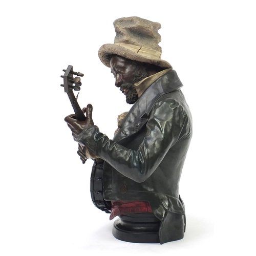 711 - Austrian hand painted life size terracotta bust of a banjo player, after Pietro Calvi possibly by Go... 