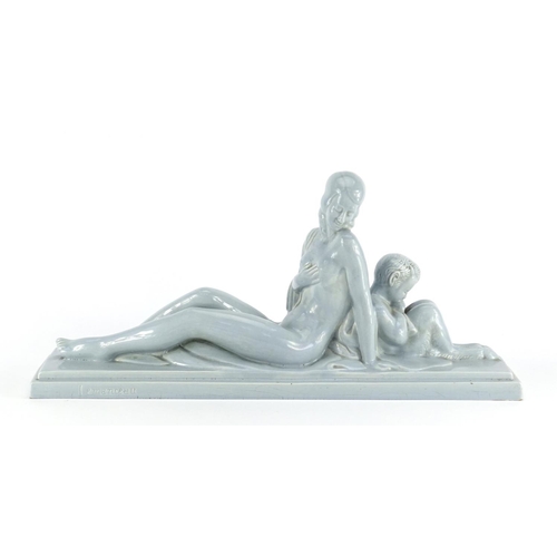 715 - Charles Lemanceau- Art Deco crackle glazed pottery figure group of a nude female and fawn, 55cm high