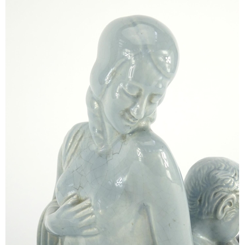 715 - Charles Lemanceau- Art Deco crackle glazed pottery figure group of a nude female and fawn, 55cm high