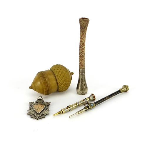 110 - Antique and later objects including a vegetable ivory acorn cotton reel holder, gold coloured metal ... 