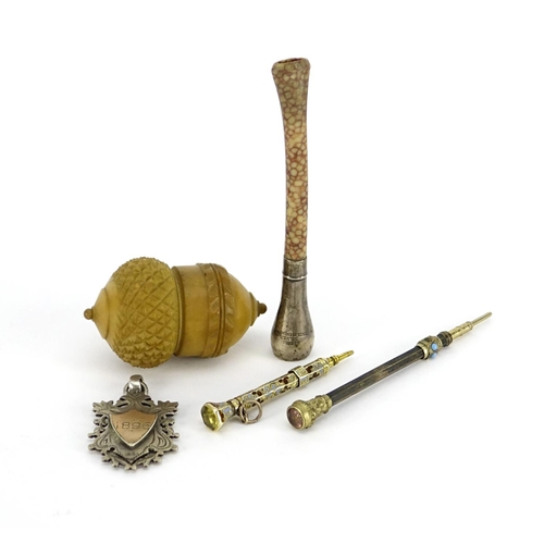 110 - Antique and later objects including a vegetable ivory acorn cotton reel holder, gold coloured metal ... 