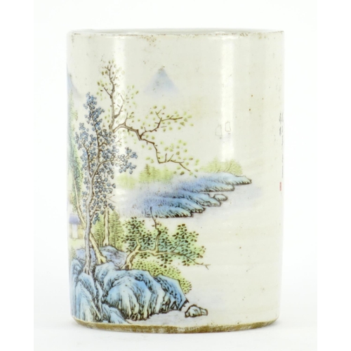 389 - Chinese porcelain cylindrical brush pot, decorated with a river landscape, calligraphy to the revers... 