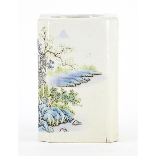 378 - Chinese porcelain square brush pot with canted corners, decorated with a river landscape, calligraph... 