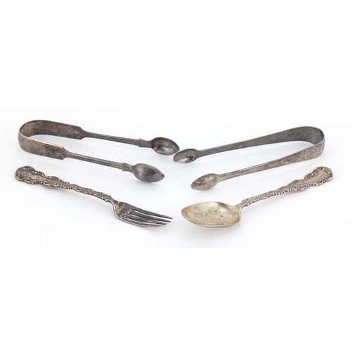 831 - Georgian and later silver flatware comprising two pairs of sugar tongs and a Christening fork and sp... 