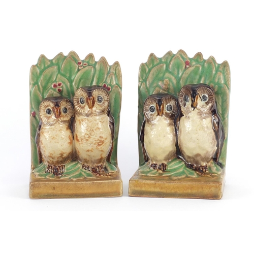699 - Pair of Doulton Lambeth stoneware owl design bookends, impressed marks, incised initials and numbere... 