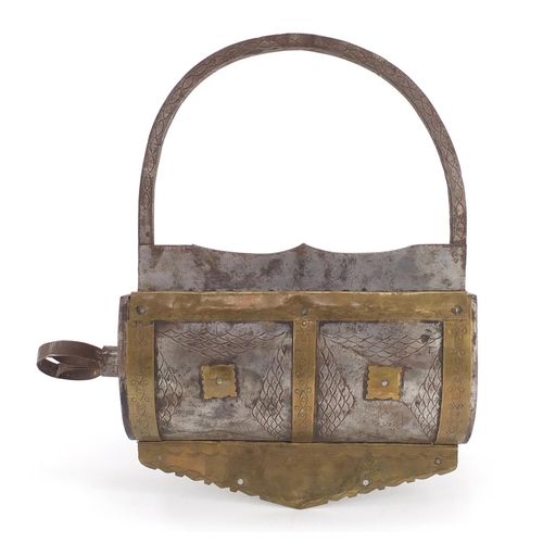 581 - Large Islamic brass mounted steel lock, 38cm H x 27cm W excluding the key