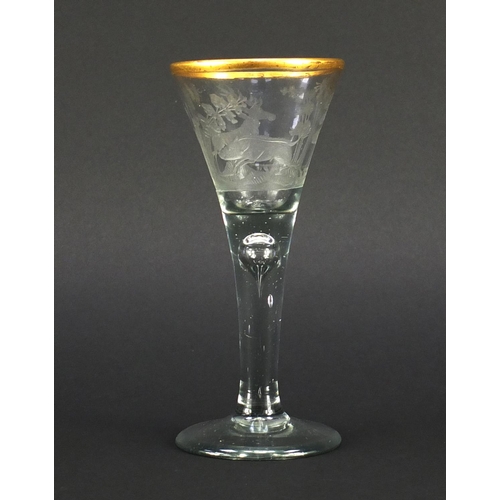 656 - Georgian wine glass etched with a stag and wild boar in a landscape, 16cm high