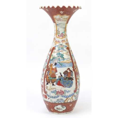 445 - Floor standing Japanese Arita porcelain vase, hand painted with warriors, birds of paradise and flow... 