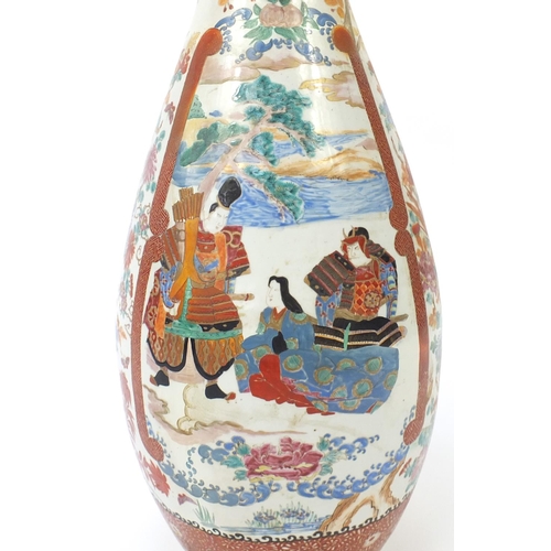 445 - Floor standing Japanese Arita porcelain vase, hand painted with warriors, birds of paradise and flow... 