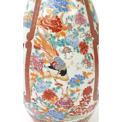 445 - Floor standing Japanese Arita porcelain vase, hand painted with warriors, birds of paradise and flow... 