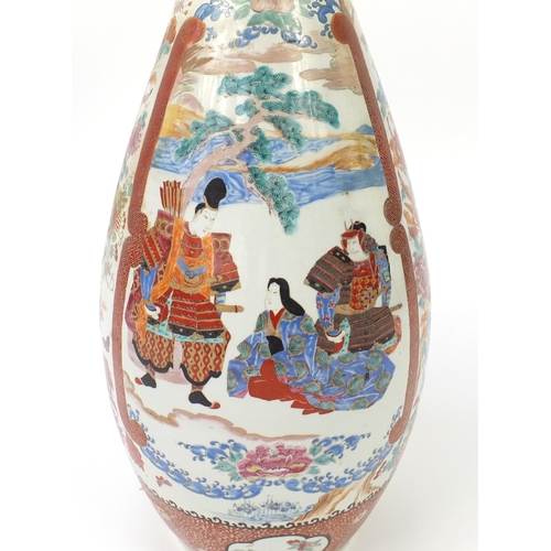 445 - Floor standing Japanese Arita porcelain vase, hand painted with warriors, birds of paradise and flow... 