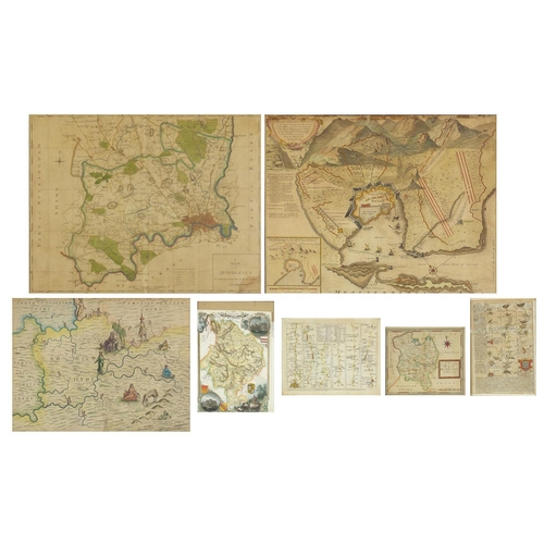 210 - Seven 17th century and later hand coloured maps including Parte Of Stafford Shyre Parte of Worster S... 